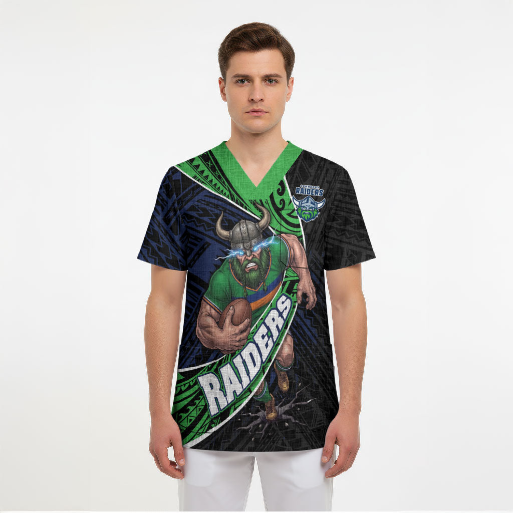 Canberra Raiders Rugby Scrub Top Tribal Polynesian Power Art - Lightning Mascot
