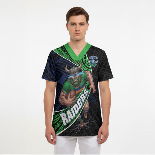 Canberra Raiders Rugby Scrub Top Tribal Polynesian Power Art - Lightning Mascot