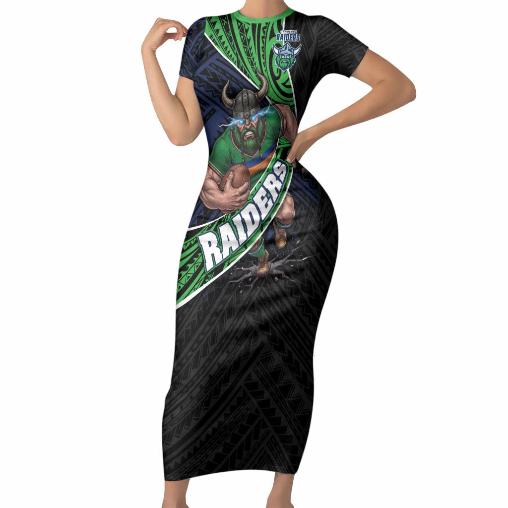 Canberra Raiders Rugby Short Sleeve Bodycon Dress Tribal Polynesian Power Art - Lightning Mascot