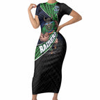 Canberra Raiders Rugby Short Sleeve Bodycon Dress Tribal Polynesian Power Art - Lightning Mascot