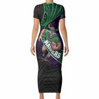 Canberra Raiders Rugby Short Sleeve Bodycon Dress Tribal Polynesian Power Art - Lightning Mascot
