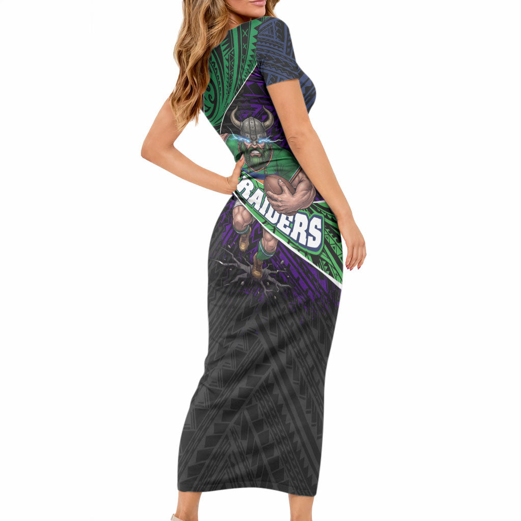 Canberra Raiders Rugby Short Sleeve Bodycon Dress Tribal Polynesian Power Art - Lightning Mascot