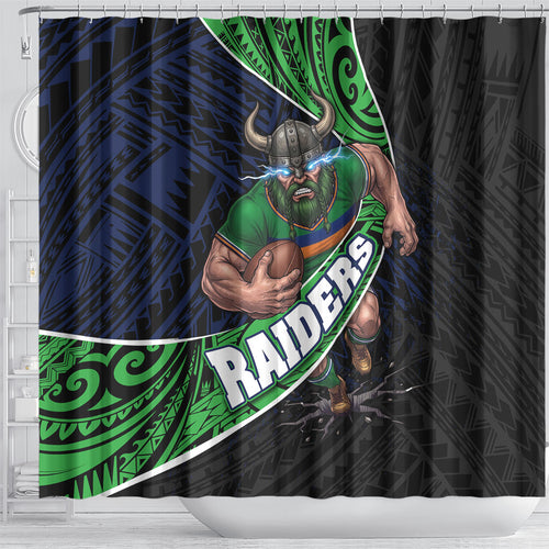 Canberra Raiders Rugby Shower Curtain Tribal Polynesian Power Art - Lightning Mascot