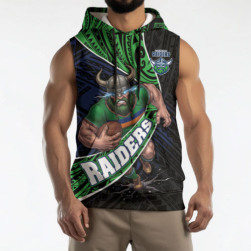Canberra Raiders Rugby Sleeveless Hoodie Tribal Polynesian Power Art - Lightning Mascot