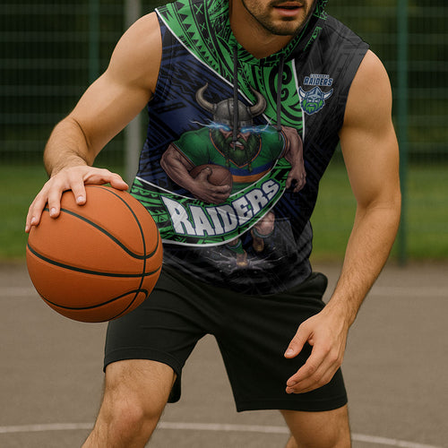 Canberra Raiders Rugby Sleeveless Hoodie Tribal Polynesian Power Art - Lightning Mascot