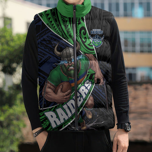 Canberra Raiders Rugby Sleeveless Puffer Jacket Tribal Polynesian Power Art - Lightning Mascot