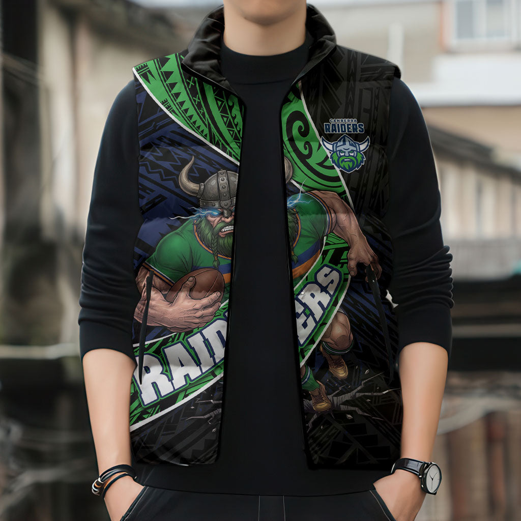 Canberra Raiders Rugby Sleeveless Puffer Jacket Tribal Polynesian Power Art - Lightning Mascot