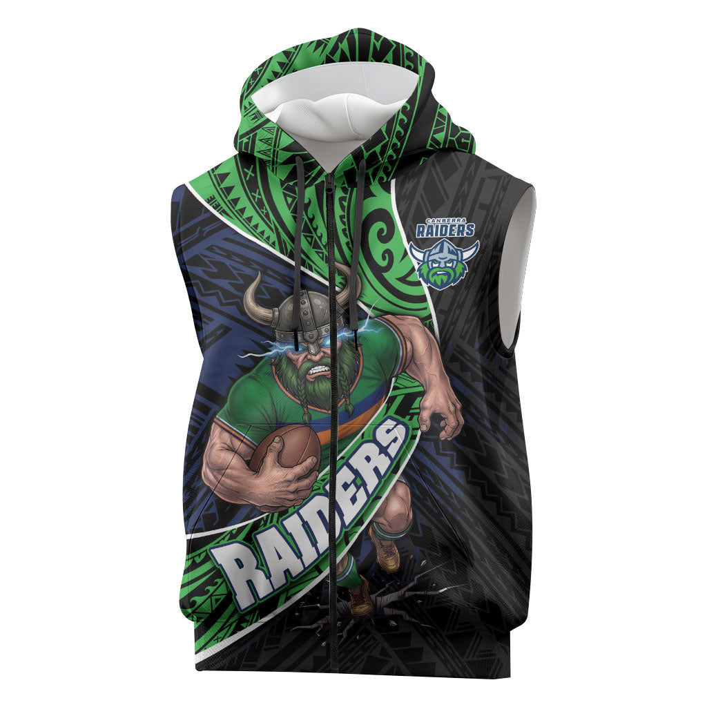 Canberra Raiders Rugby Sleeveless Zip Hoodie Tribal Polynesian Power Art - Lightning Mascot