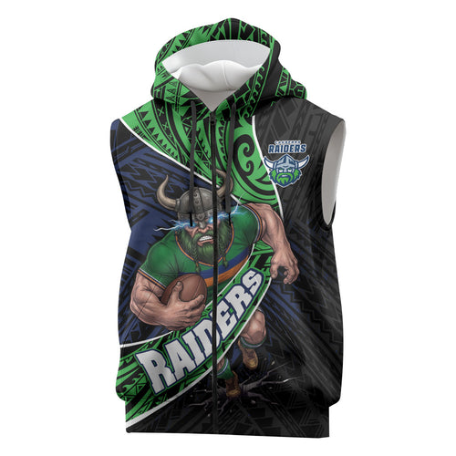 Canberra Raiders Rugby Sleeveless Zip Hoodie Tribal Polynesian Power Art - Lightning Mascot