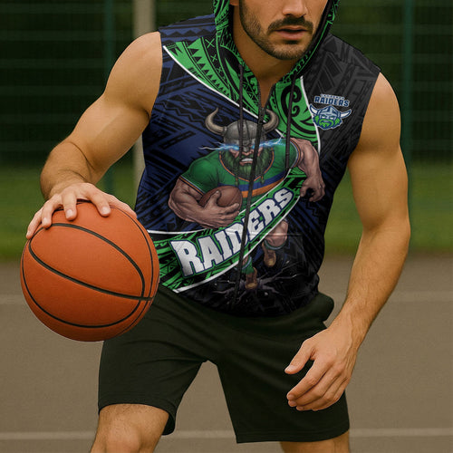 Canberra Raiders Rugby Sleeveless Zip Hoodie Tribal Polynesian Power Art - Lightning Mascot