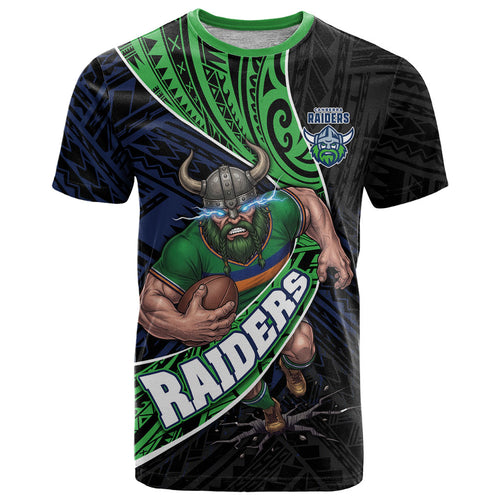 Canberra Raiders Rugby T Shirt Tribal Polynesian Power Art - Lightning Mascot