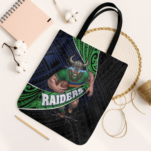 Canberra Raiders Rugby Tote Bag Tribal Polynesian Power Art - Lightning Mascot