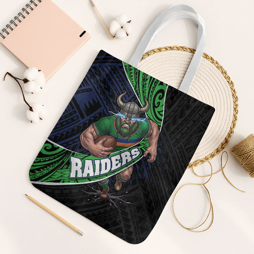 Canberra Raiders Rugby Tote Bag Tribal Polynesian Power Art - Lightning Mascot