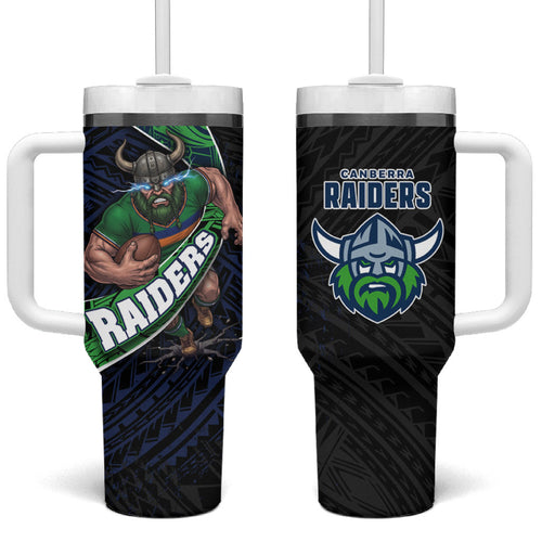 Canberra Raiders Rugby Tumbler With Handle Tribal Polynesian Power Art - Lightning Mascot