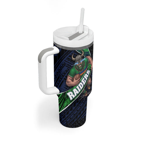 Canberra Raiders Rugby Tumbler With Handle Tribal Polynesian Power Art - Lightning Mascot