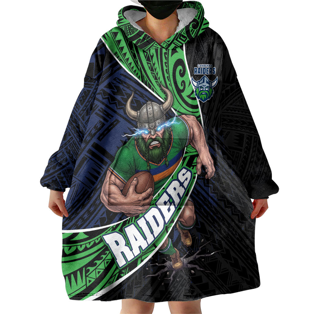 Canberra Raiders Rugby Wearable Blanket Hoodie Tribal Polynesian Power Art - Lightning Mascot