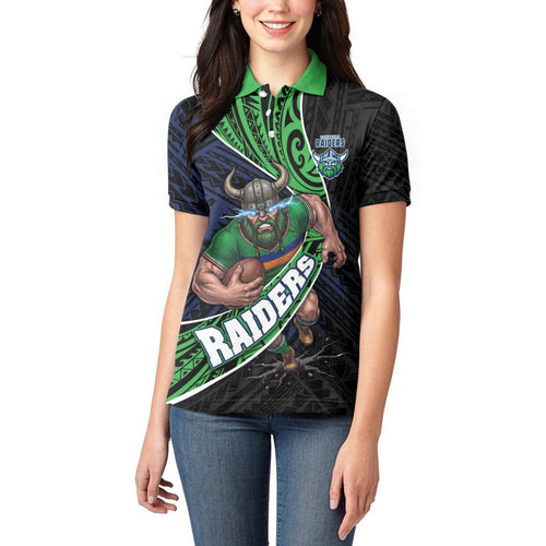 Canberra Raiders Rugby Women Polo Shirt Tribal Polynesian Power Art - Lightning Mascot