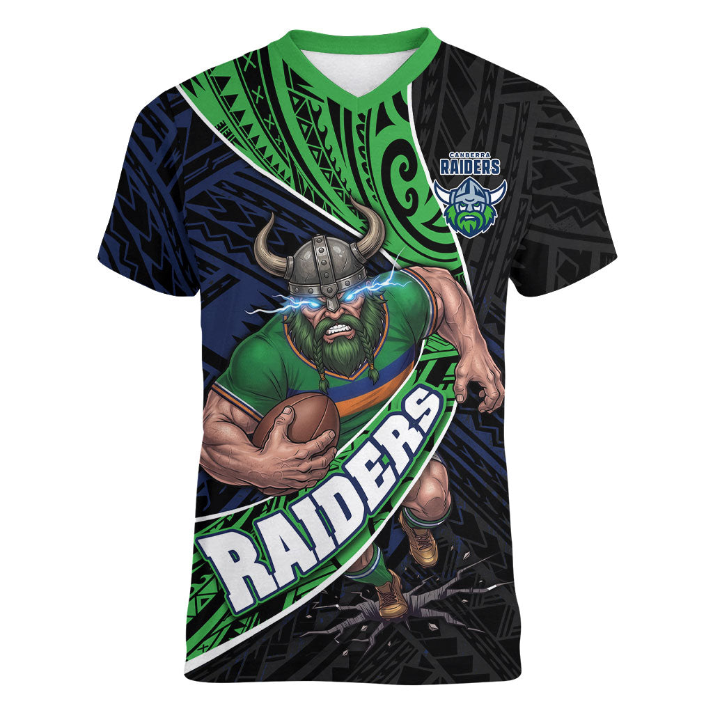 Canberra Raiders Rugby Women V-Neck T-Shirt Tribal Polynesian Power Art - Lightning Mascot