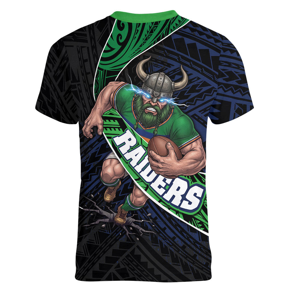 Canberra Raiders Rugby Women V-Neck T-Shirt Tribal Polynesian Power Art - Lightning Mascot