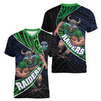 Canberra Raiders Rugby Women V-Neck T-Shirt Tribal Polynesian Power Art - Lightning Mascot