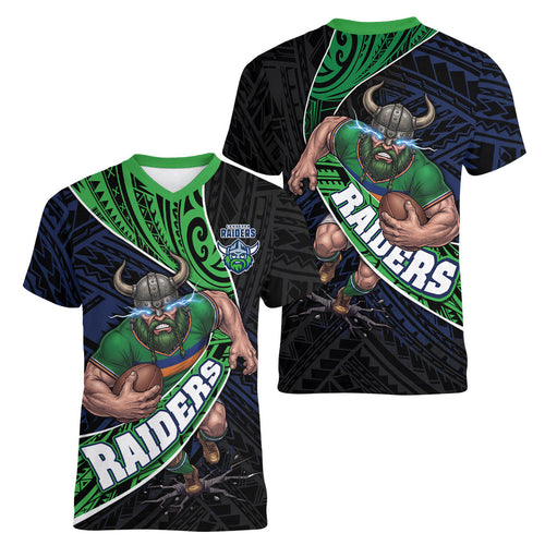 Canberra Raiders Rugby Women V-Neck T-Shirt Tribal Polynesian Power Art - Lightning Mascot