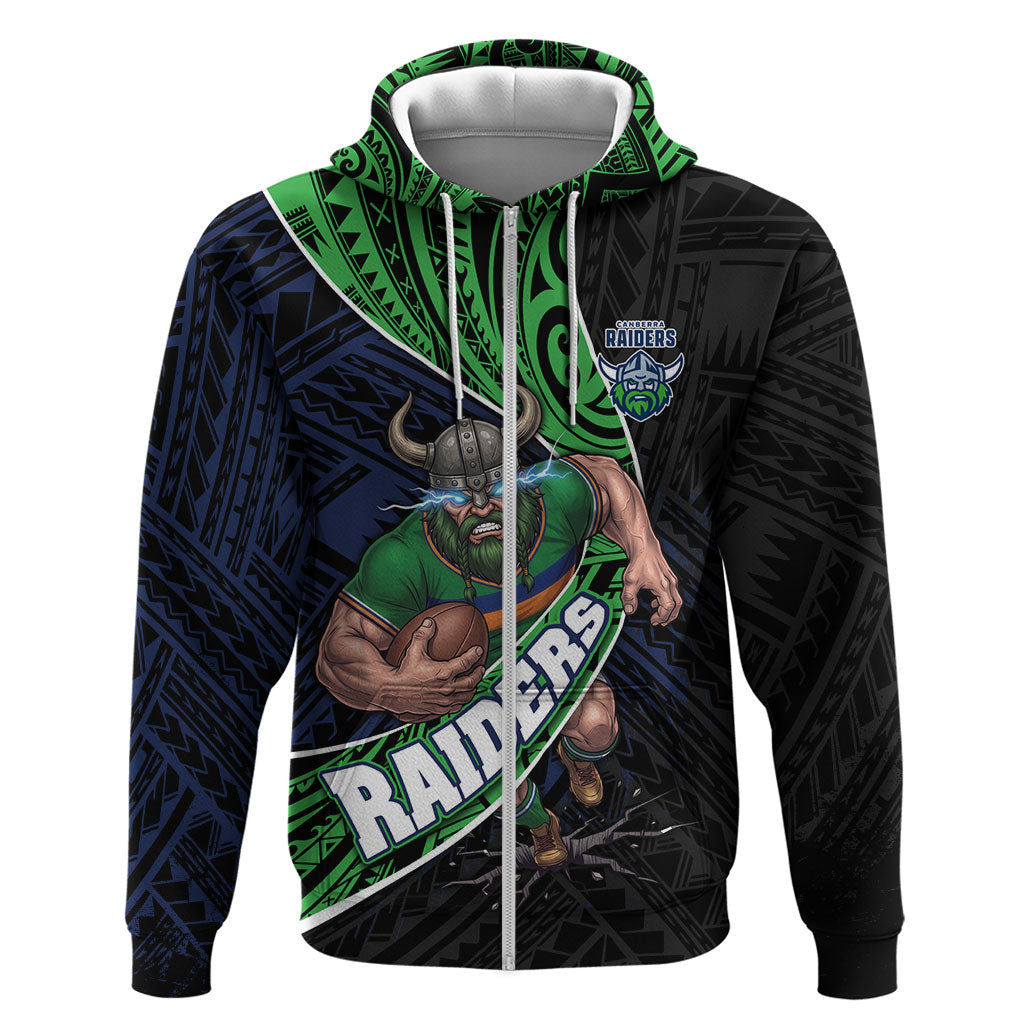 Canberra Raiders Rugby Zip Hoodie Tribal Polynesian Power Art - Lightning Mascot