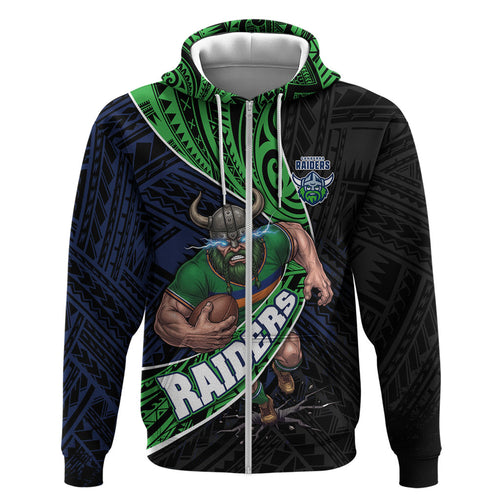 Canberra Raiders Rugby Zip Hoodie Tribal Polynesian Power Art - Lightning Mascot