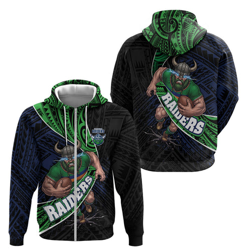 Canberra Raiders Rugby Zip Hoodie Tribal Polynesian Power Art - Lightning Mascot