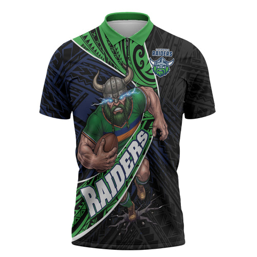 Canberra Raiders Rugby Zipper Polo Shirt Tribal Polynesian Power Art - Lightning Mascot