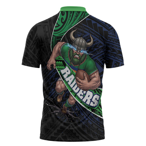 Canberra Raiders Rugby Zipper Polo Shirt Tribal Polynesian Power Art - Lightning Mascot
