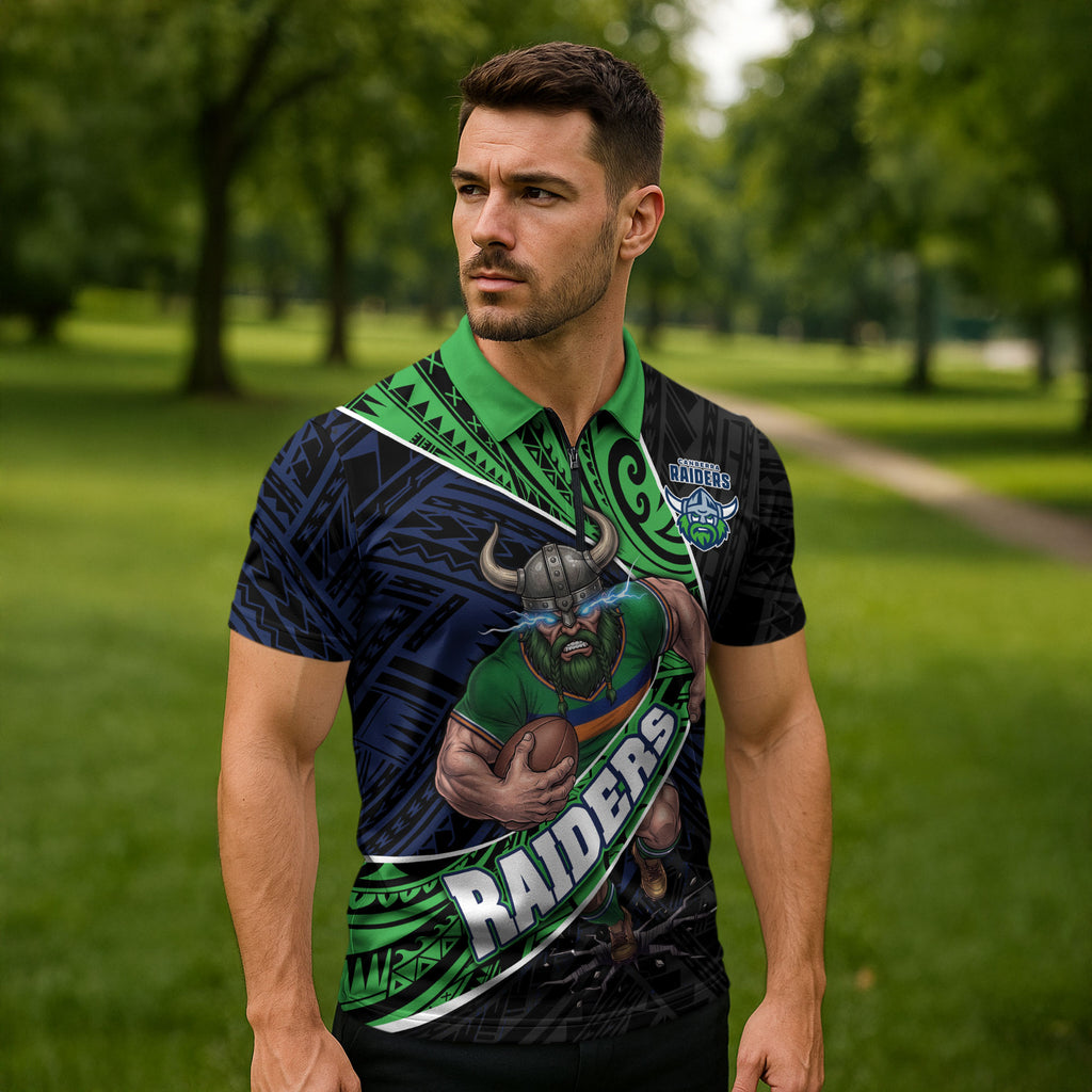 Canberra Raiders Rugby Zipper Polo Shirt Tribal Polynesian Power Art - Lightning Mascot