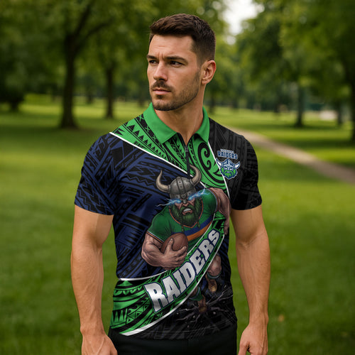 Canberra Raiders Rugby Zipper Polo Shirt Tribal Polynesian Power Art - Lightning Mascot