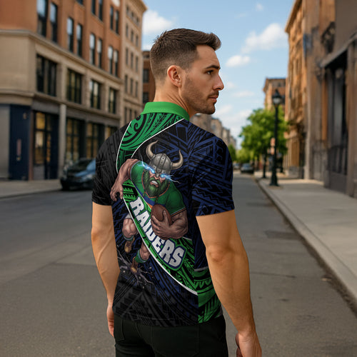 Canberra Raiders Rugby Zipper Polo Shirt Tribal Polynesian Power Art - Lightning Mascot