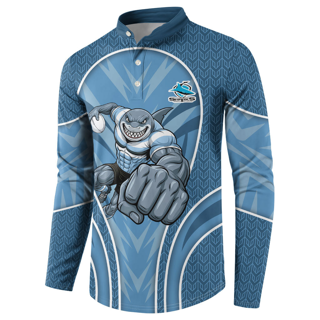 Cronulla Sutherland Sharks Rugby Mascot Button Sweatshirt Australian Rugby Culture - Tribal Inspired Sharks