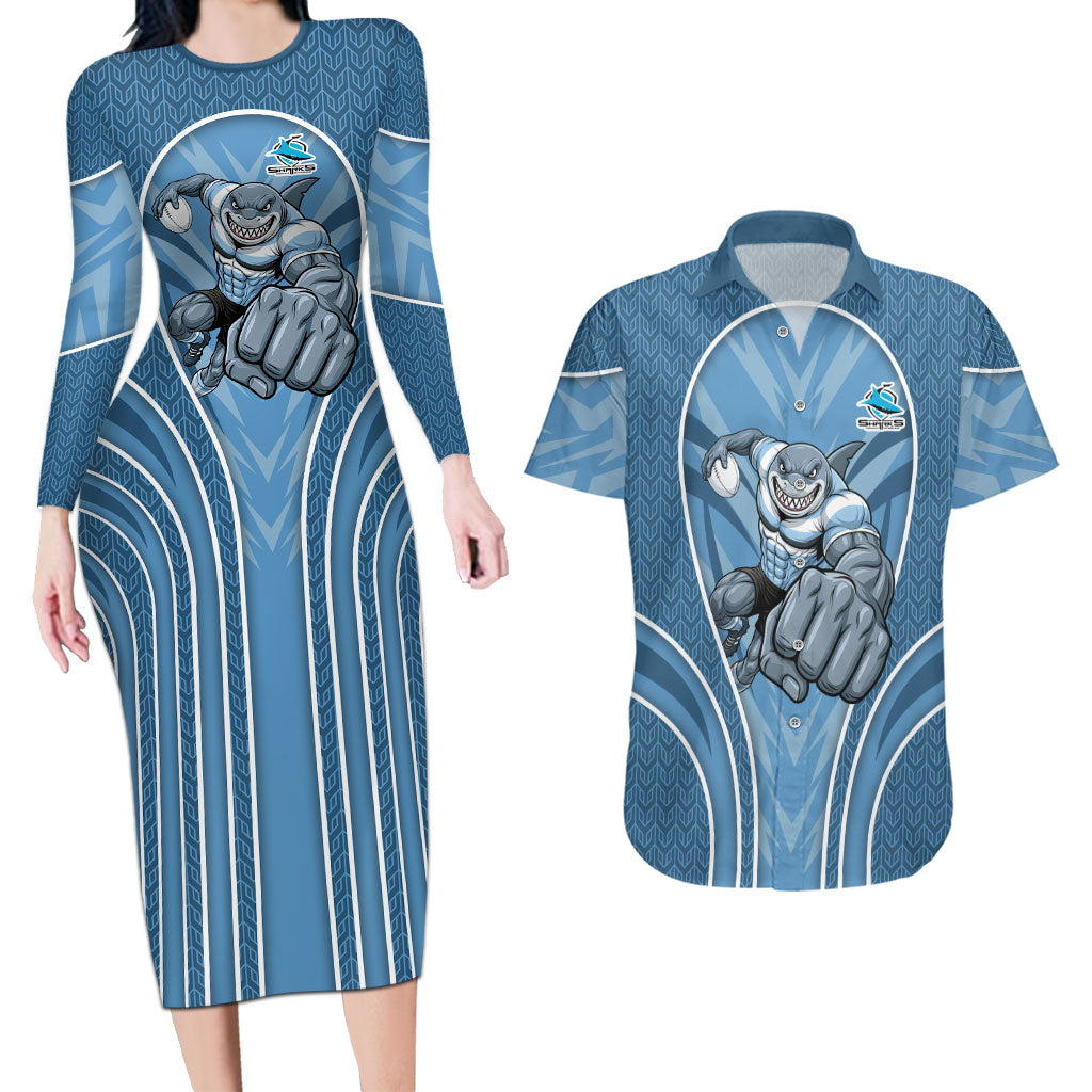 Cronulla Sutherland Sharks Rugby Mascot Couples Matching Long Sleeve Bodycon Dress and Hawaiian Shirt Australian Rugby Culture - Tribal Inspired Sharks