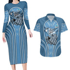 Cronulla Sutherland Sharks Rugby Mascot Couples Matching Long Sleeve Bodycon Dress and Hawaiian Shirt Australian Rugby Culture - Tribal Inspired Sharks
