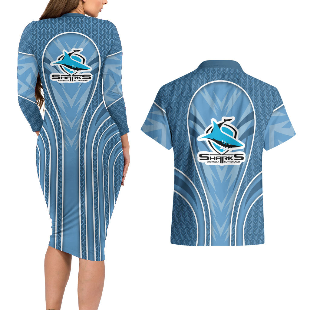 Cronulla Sutherland Sharks Rugby Mascot Couples Matching Long Sleeve Bodycon Dress and Hawaiian Shirt Australian Rugby Culture - Tribal Inspired Sharks