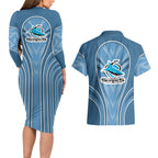 Cronulla Sutherland Sharks Rugby Mascot Couples Matching Long Sleeve Bodycon Dress and Hawaiian Shirt Australian Rugby Culture - Tribal Inspired Sharks