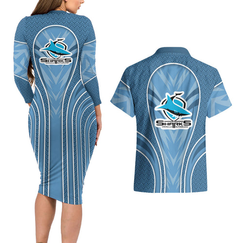 Cronulla Sutherland Sharks Rugby Mascot Couples Matching Long Sleeve Bodycon Dress and Hawaiian Shirt Australian Rugby Culture - Tribal Inspired Sharks