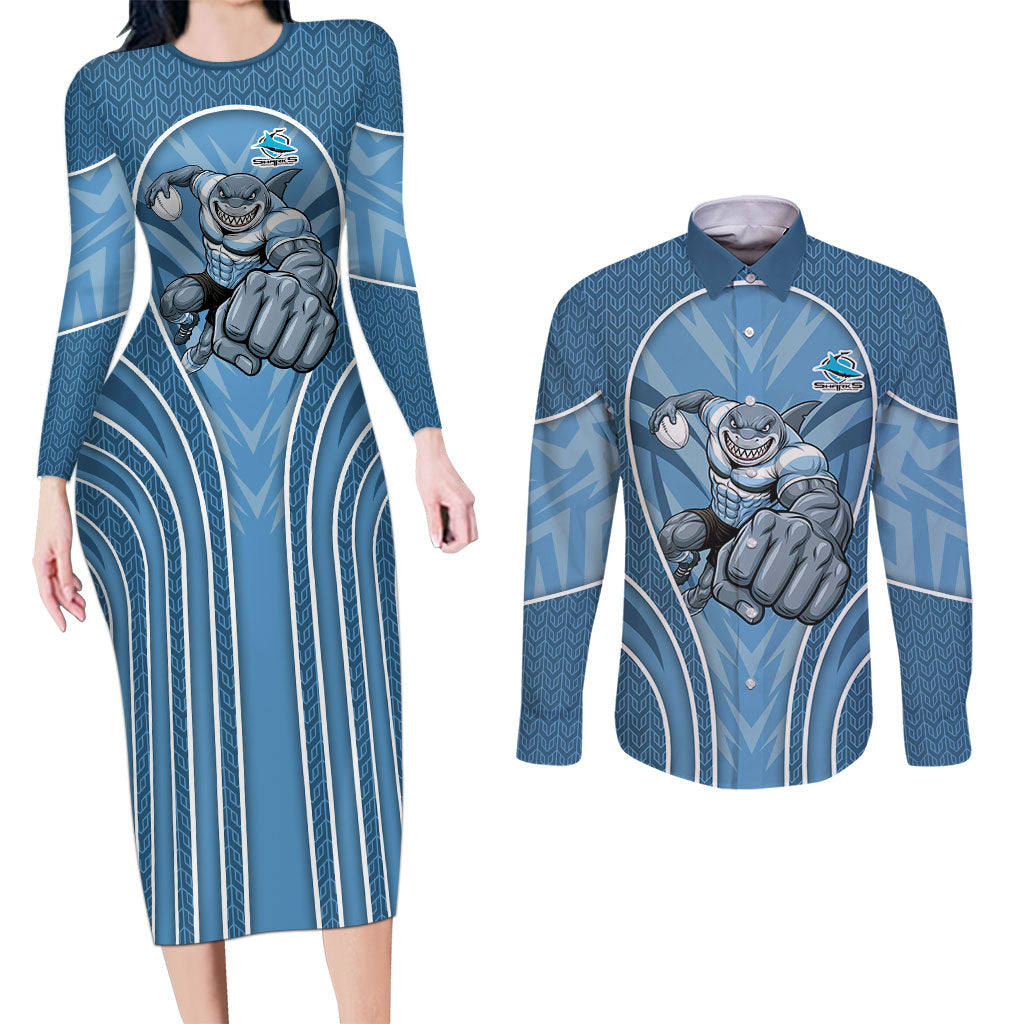 Cronulla Sutherland Sharks Rugby Mascot Couples Matching Long Sleeve Bodycon Dress and Long Sleeve Button Shirt Australian Rugby Culture - Tribal Inspired Sharks