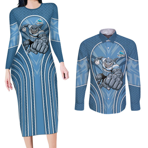 Cronulla Sutherland Sharks Rugby Mascot Couples Matching Long Sleeve Bodycon Dress and Long Sleeve Button Shirt Australian Rugby Culture - Tribal Inspired Sharks