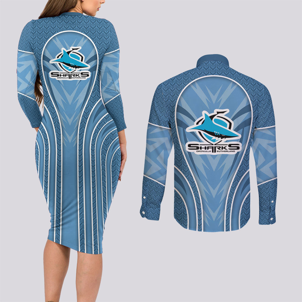 Cronulla Sutherland Sharks Rugby Mascot Couples Matching Long Sleeve Bodycon Dress and Long Sleeve Button Shirt Australian Rugby Culture - Tribal Inspired Sharks