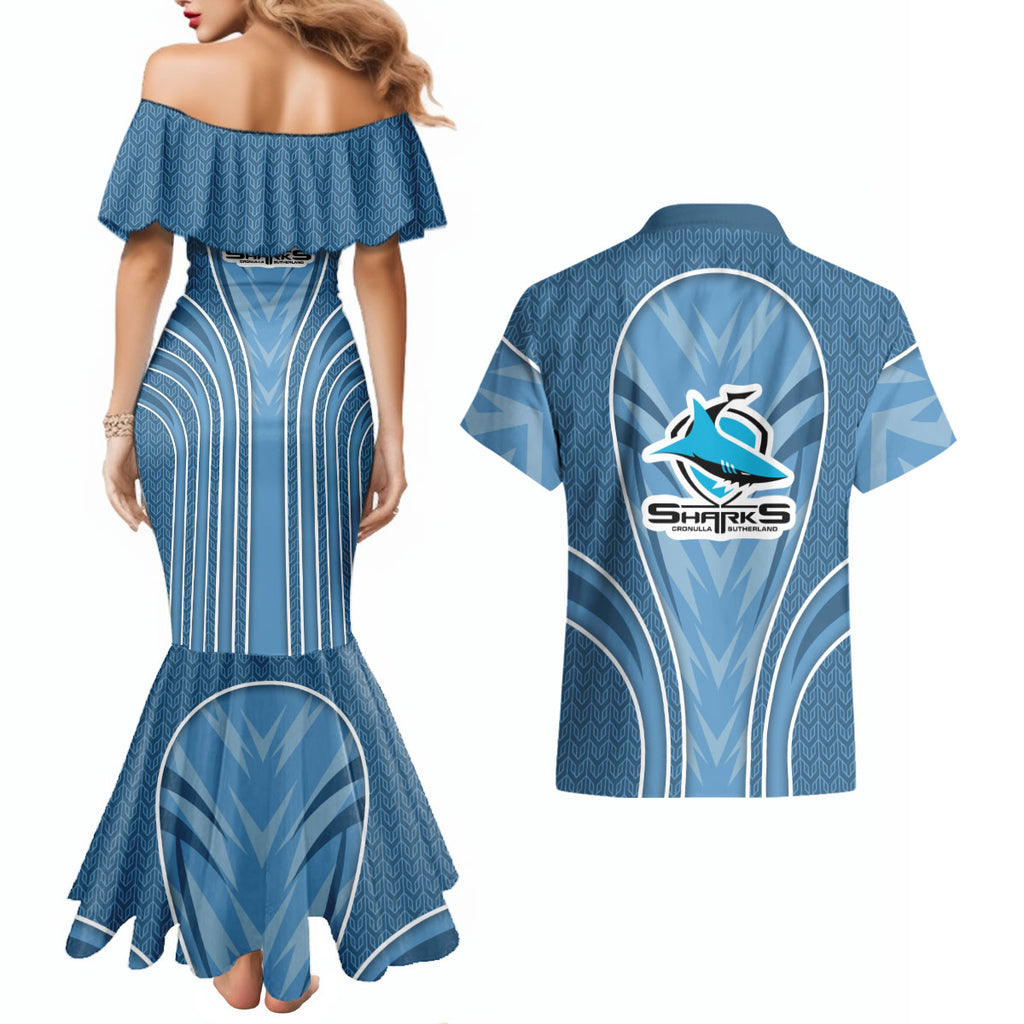 Cronulla Sutherland Sharks Rugby Mascot Couples Matching Mermaid Dress and Hawaiian Shirt Australian Rugby Culture - Tribal Inspired Sharks