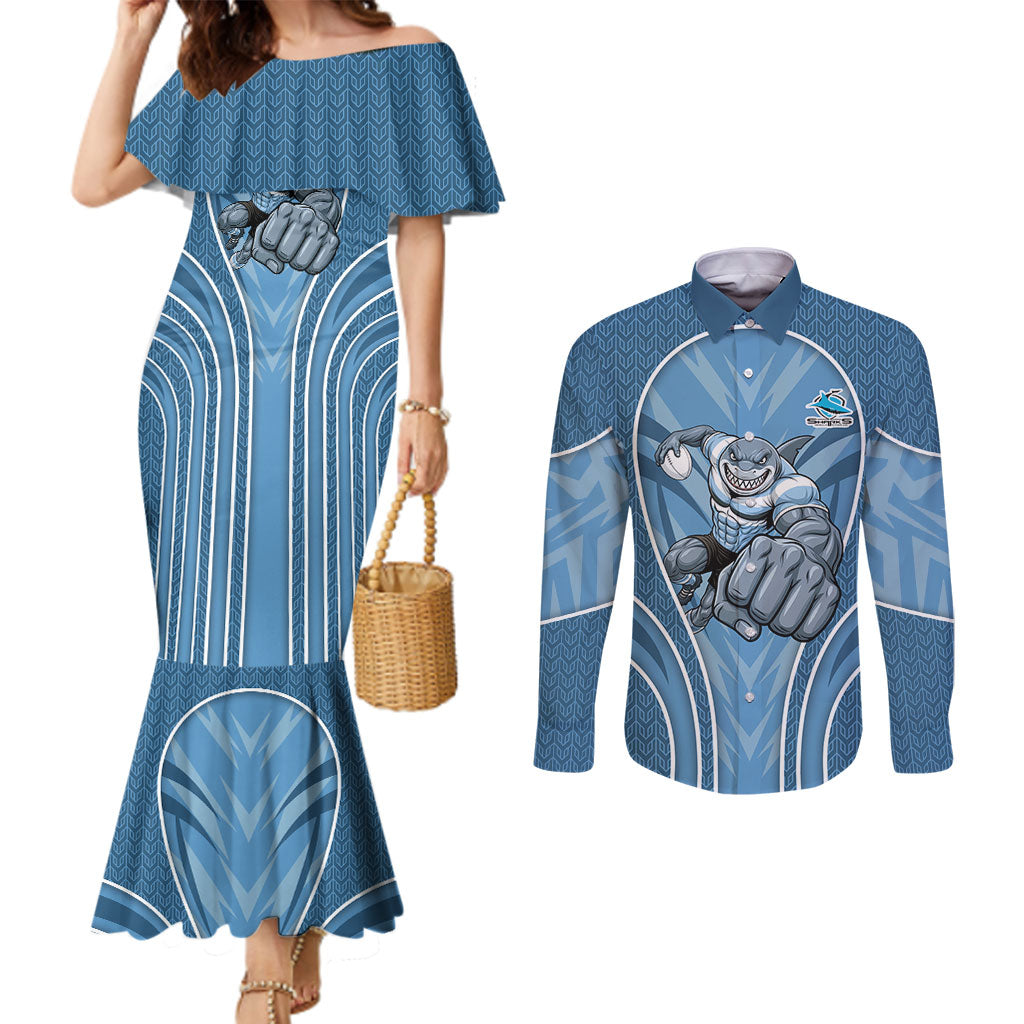 Cronulla Sutherland Sharks Rugby Mascot Couples Matching Mermaid Dress and Long Sleeve Button Shirt Australian Rugby Culture - Tribal Inspired Sharks