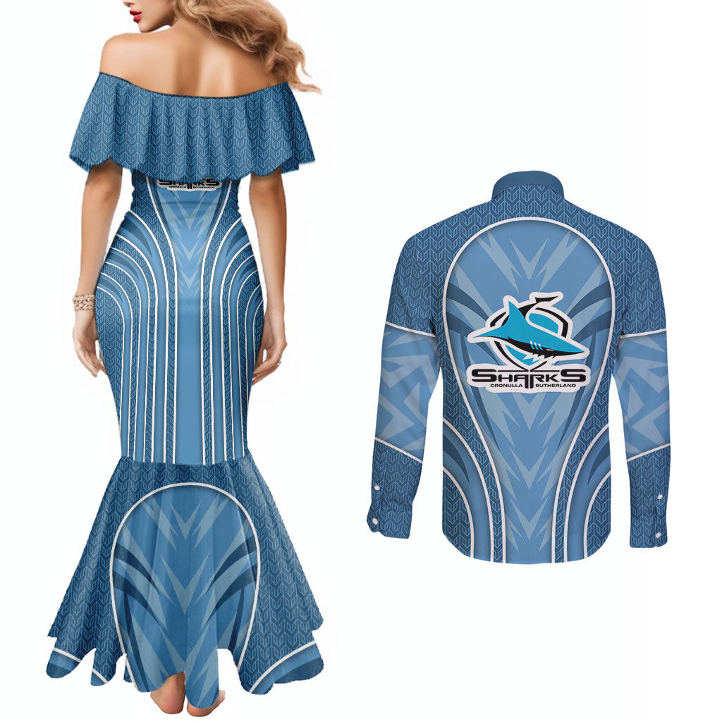 Cronulla Sutherland Sharks Rugby Mascot Couples Matching Mermaid Dress and Long Sleeve Button Shirt Australian Rugby Culture - Tribal Inspired Sharks