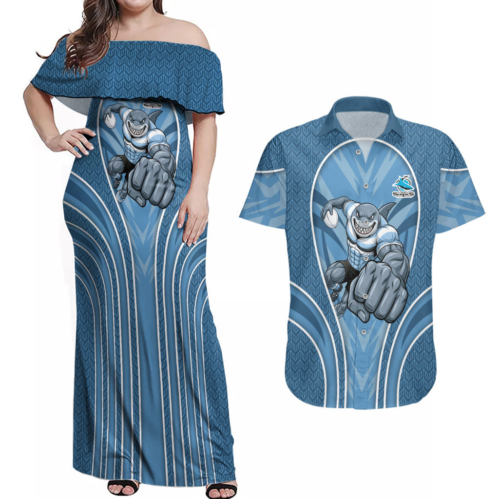 Cronulla Sutherland Sharks Rugby Mascot Couples Matching Off Shoulder Maxi Dress and Hawaiian Shirt Australian Rugby Culture - Tribal Inspired Sharks