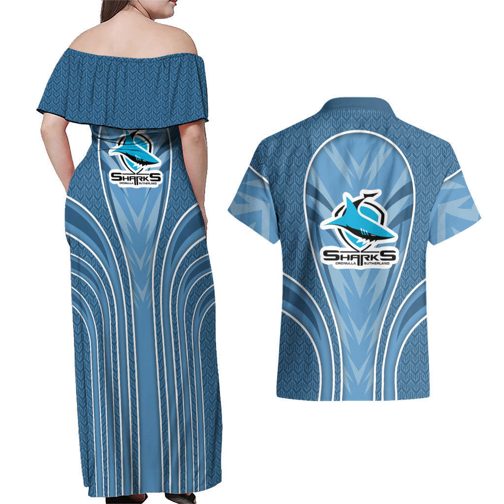 Cronulla Sutherland Sharks Rugby Mascot Couples Matching Off Shoulder Maxi Dress and Hawaiian Shirt Australian Rugby Culture - Tribal Inspired Sharks