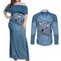 Cronulla Sutherland Sharks Rugby Mascot Couples Matching Off Shoulder Maxi Dress and Long Sleeve Button Shirt Australian Rugby Culture - Tribal Inspired Sharks