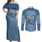 Cronulla Sutherland Sharks Rugby Mascot Couples Matching Off Shoulder Maxi Dress and Long Sleeve Button Shirt Australian Rugby Culture - Tribal Inspired Sharks