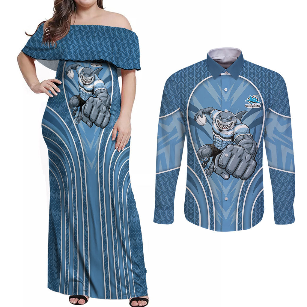 Cronulla Sutherland Sharks Rugby Mascot Couples Matching Off Shoulder Maxi Dress and Long Sleeve Button Shirt Australian Rugby Culture - Tribal Inspired Sharks